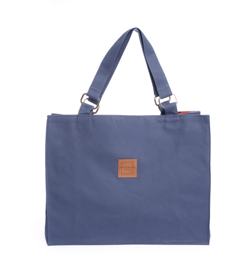 Torba shopperka Blue Meadow kolor granatowy jeans, niebieska podszewka w czerwone maki.