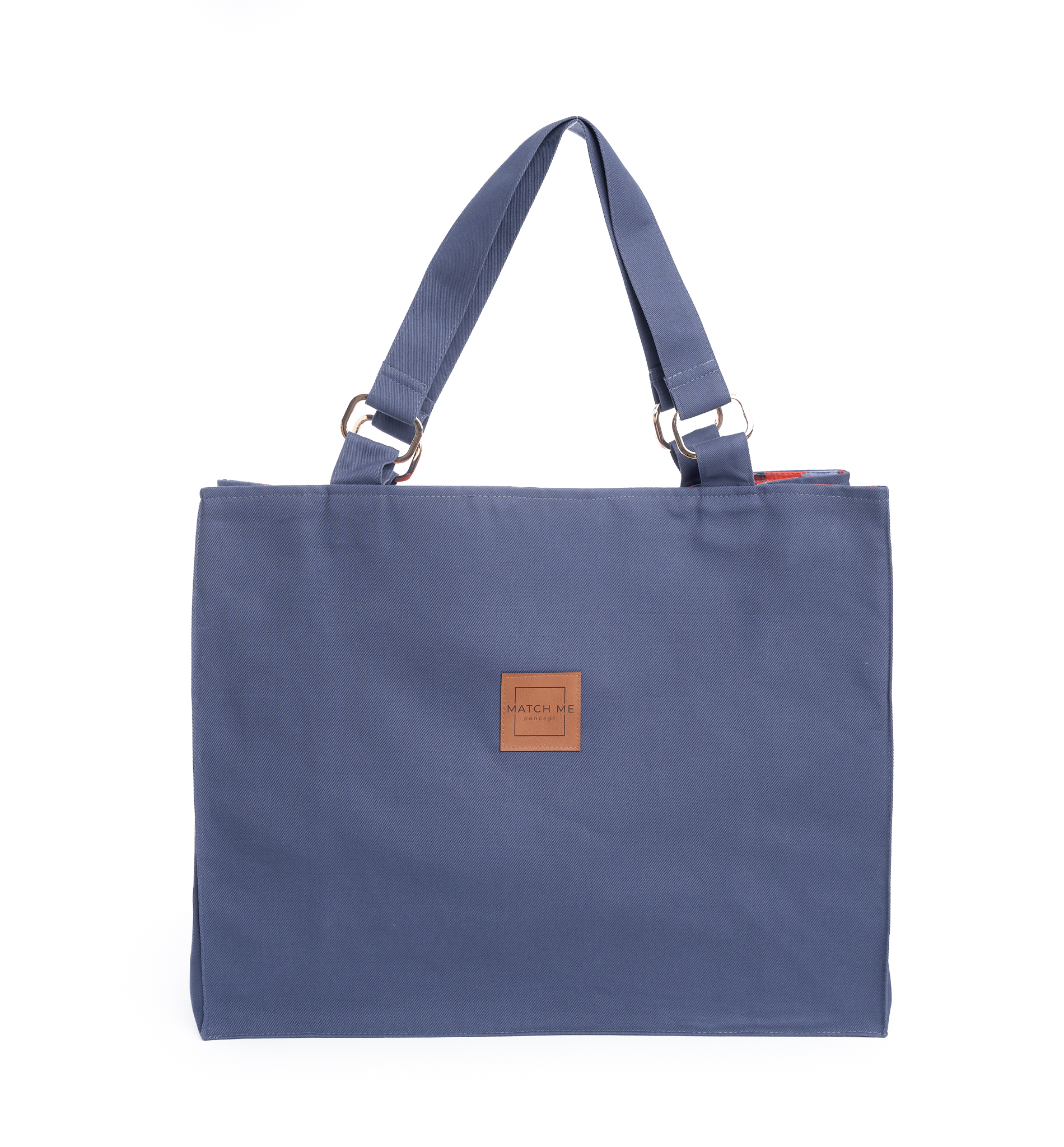 Torba shopperka Blue Meadow kolor granatowy jeans, niebieska podszewka w czerwone maki.